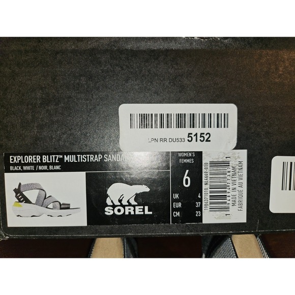 New Sorel Explorer Blitz Black White Strappy Sandals Women 6 New in box‎ - Picture 9 of 9